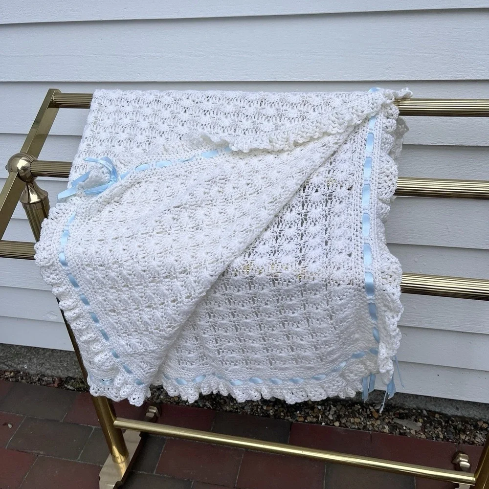 Baby Crochet White Beautiful Blanket With Blue Satin Ribbon Trim, Unused 42